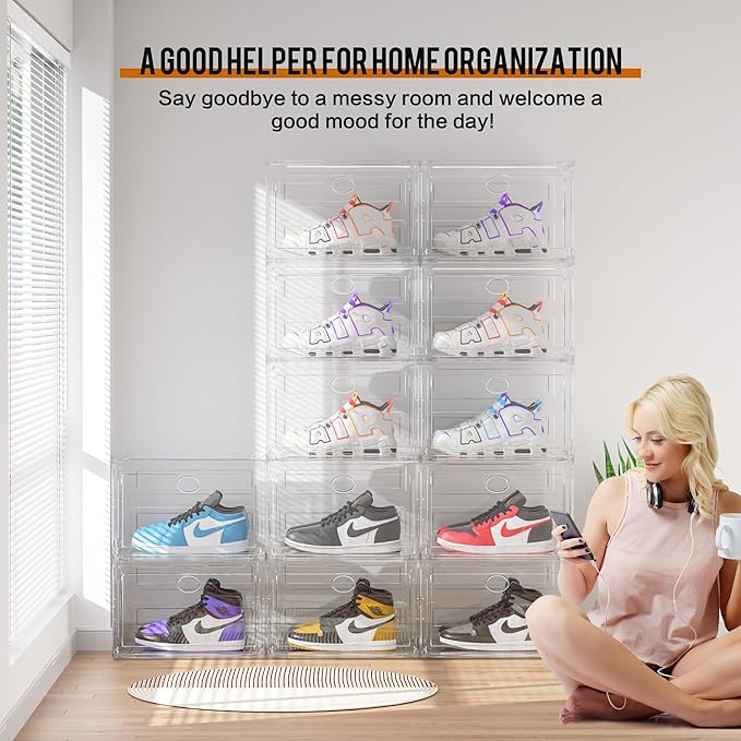 KEFA XL Shoe Storage Box Organizer, 8 Pack Shoe Boxes Clear Plastic Stackable, Sneaker Display Case Container Fit for US 13 (Side 8 PACK CLEAR)