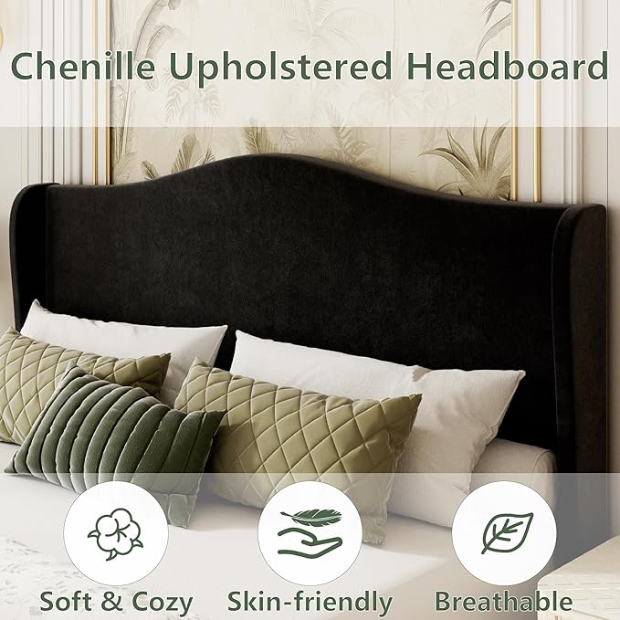 Full Size Upholstered Platform Bed Frame, 51" Tall Chenille Fabric Headboard with Classic Curved Wingback Design, Vintage Solid Wood Legs, No Box Spring Needed, Easy Assembly & Noise-Free, Black