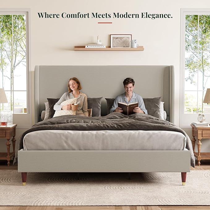 Jocisland 51.2" H Queen Bed Frame Upholstered Bed Platform Bed with Wingback Headboard/No Box Spring Needed/Easy Assembly/Brown