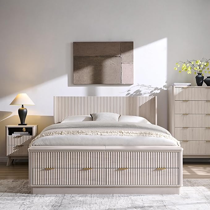 T4TREAM Fluted Queen Size Bed Frame with Wingback Headboard, Footboard Storage Bench with Built-in Drawers & Lift-Up Compartments, Wood & Steel Platform Bed, No Box Spring Needed, White Alder