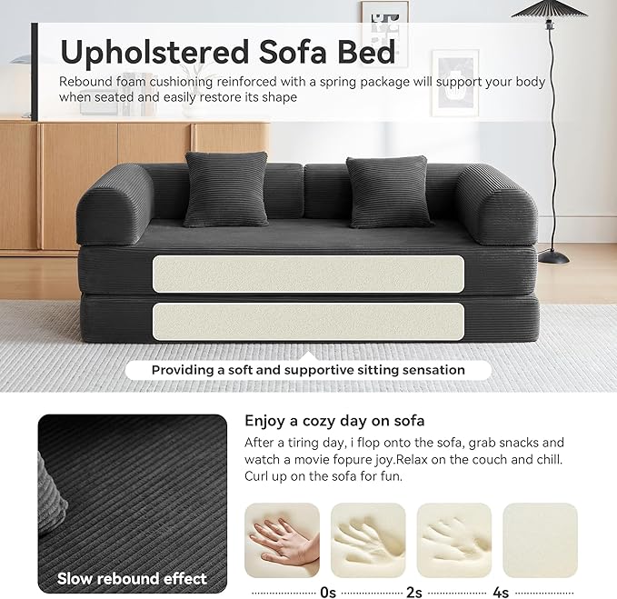 Convertible Sleeper Bed with 2 Cylindrical Pillow, Comfy Foldable Bed Compressed Sofa in Box, Floor Sofa Lounge Couch for Living Room Bedroom Lounge Studio, Tool-Free Assembly (Black)