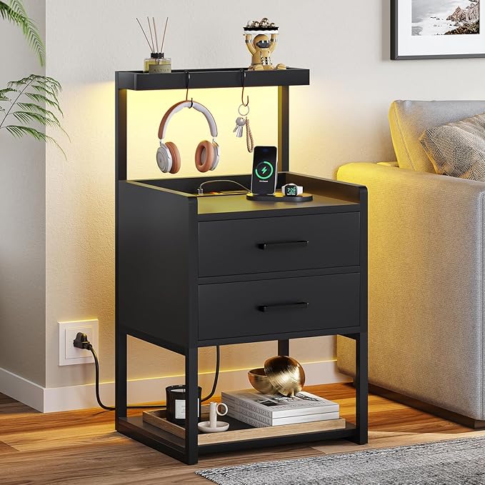 VIAGDO Nightstand with Charging Station and LED Lights, Black Bedside Night Stands with 2 Drawers and Open Storage Shelves, Modern End Side Tables for Bedroom,Office