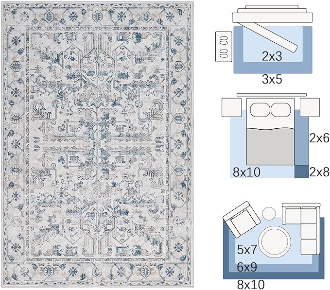 jinchan Lima 8x10 Machine Washable Area Rugs for Living Room - Vintage Floral Stain Resistant Low Pile Ultra-Thin Non Slip Accent Rug for Bedroom Kitchen Dining Room Home Office (8x10ft, Blue)