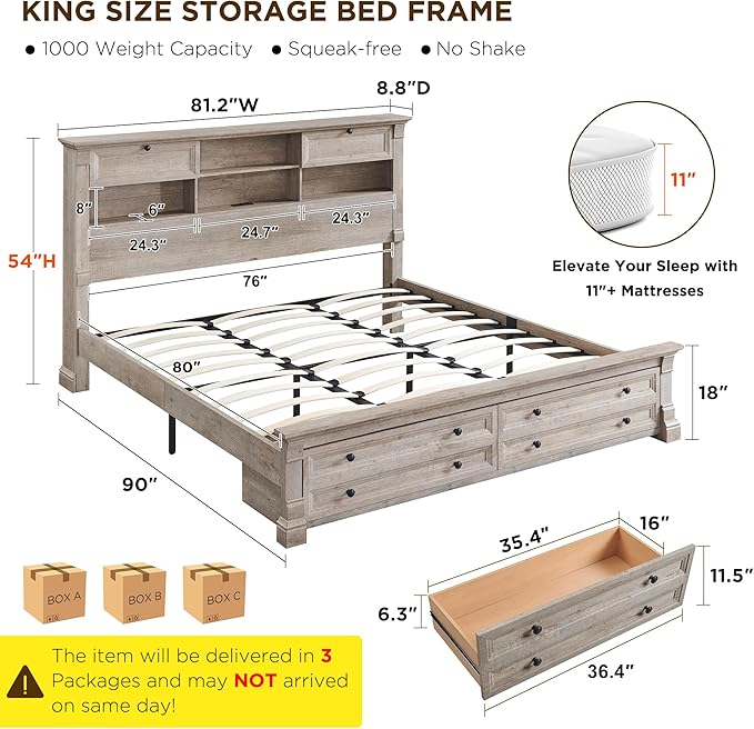 T4TREAM Farmhouse King Size Bed Frame with 54" Tall Storage Bookcase Headboard, Wood Platform Bed Frame with 18" Roman Column Decoration Footboard & 2 Drawers, No Box Spring Needed(Light Rustic Oak)
