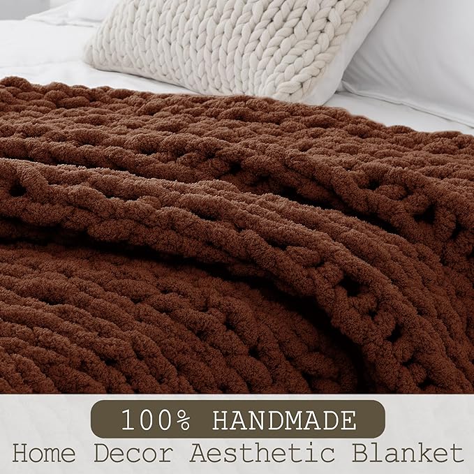 Chunky Knit Throw Blanket 50"X 60", 100% Handmade with Soft Chenille Yarn, 4.4lbs Thick Cable Knitted Blankets, Large Rope Knot Crochet Throws for Couch Sofa Bed Home Decor, Dark Brown