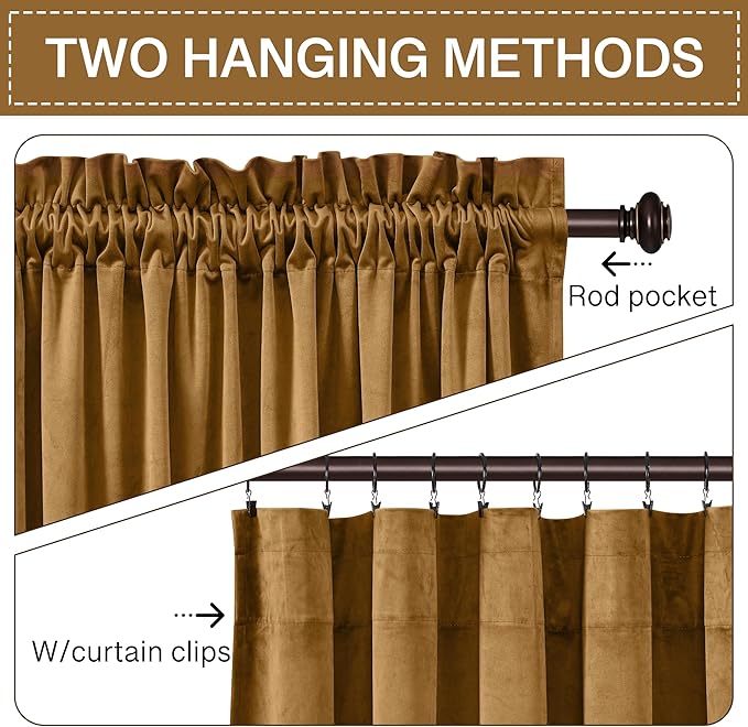 StangH Gold Brown Velvet Curtains for Bedroom, Autumn Curtains Blackout Room Darkening Thermal Insulated Window Drapes for Living Room/Office/Apartment/Bathroom, W52 x L84, 2 Panels