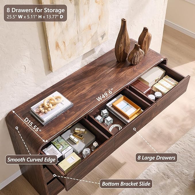 Modern 8 Drawers Dresser for Bedroom, 55" Wide Dressers & Chest of Drawers w/Curved Profile Design, Wood Mid Century Storage Dressers Organizer for Bedroom, Living Room, Brown