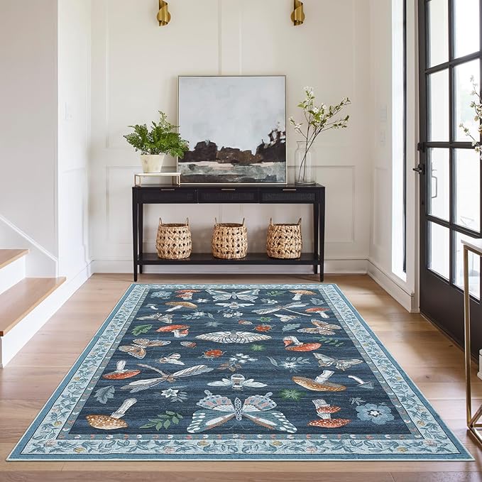 Area Rugs 4x6 Non-Slip Washable Carpet - Mushroom Soft Low-Pile Stain Resistant Foldable Rug for Nursery Kitchen Bedroom Living Room Entryway Indoor Mat with Rubber Back Blue