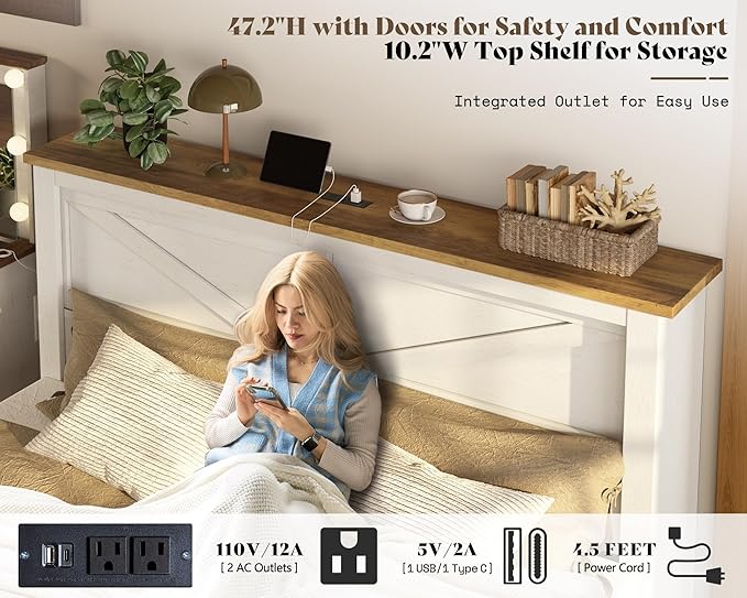 AMERLIFE King 47.2" H Bed Frame with Hidden Space Bookcase Headboard and Charging Station, Beds with 2 Storage Drawers and Wood Slats, No Box Spring Needed, White & Barnwood