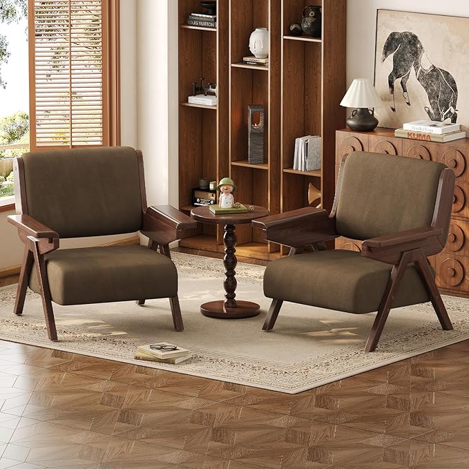 Accent Chair Mid Century Modern Chair, Velvet Upholstered Lounge Arm Chair with Solid Wood, Cozy Reading Chair for Living Room, Bedroom, Balcony (Coffee, Single Chair)