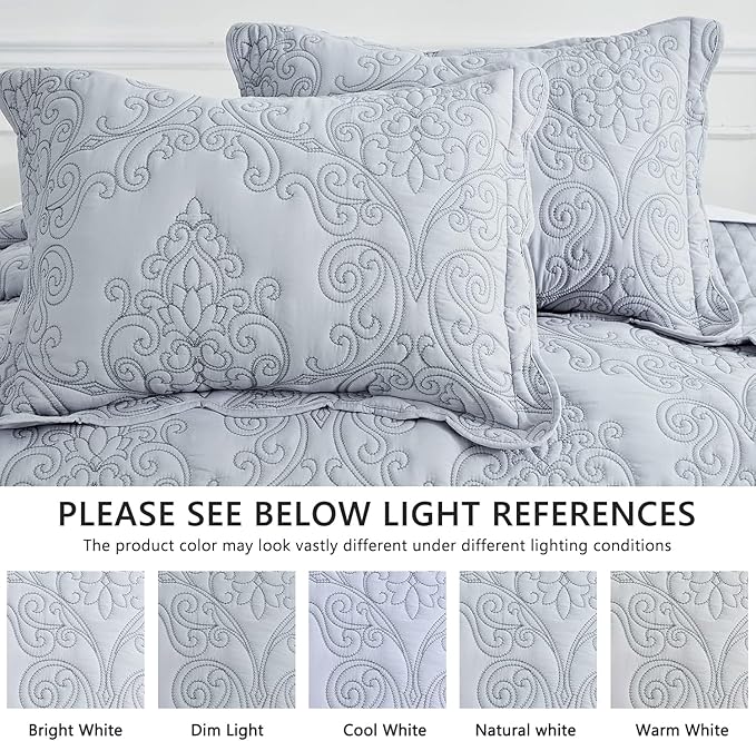 CHIXIN Bedspread Coverlet Set Queen Size - Lightweight Bedding Cover - Beautiful Stitching - 5 Piece Reversible Bedspread - Luxury Damask Paisley Pattern (Queen, Light Grey)