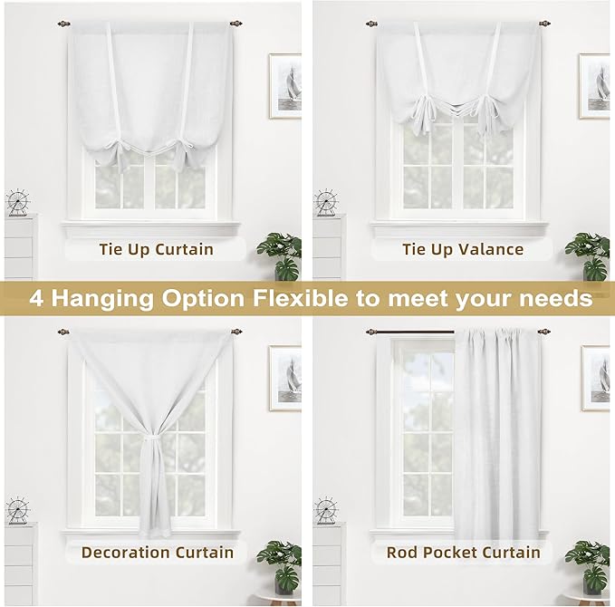 DriftAway Double Layer Linen Blackout Tie Up Curtains Thermal Insulated Fully Lined Balloon Roman Shade Bathroom Window Adjustable Rod Pocket for Small Window 45 Inch by 63 Inch White