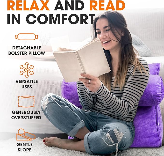 Cheer Collection Reading Wedge Pillow - Adjustable Wedge Reading Pillow with Neck Support, Hollow Fiber-Filled Backrest Pillow for Reading, Gaming, and TV Watching, Purple