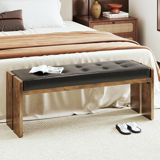 Upholstered Dining Room Bench, Ottoman Bench with PU Leather Padded Seat, Bedroom Bench, Hallway Bench, Entryway Bench for Kitchen, Living Room, Hallway, Entryway, Brown and Black