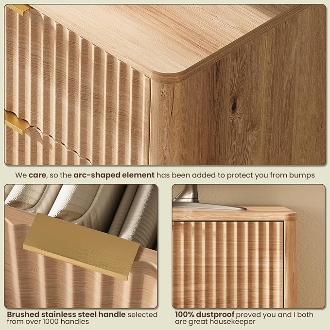 63'' Wide 9 Drawers Dresser for Bedroom,Modern Fluted Vertical Chest with Rounded Corners,Fluted Dresser for Living Room,Hallway, Natural Wood