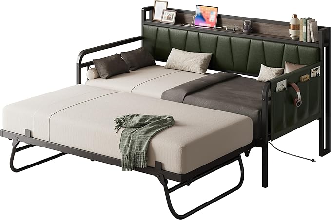 LIKIMIO Daybed with Trundle Bed, Twin XL Bed Frame with Storage Headboard and Charging Station, Sofa Day Bed with Strong Supports for Living Room, Bedroom, and Guest Room, Green