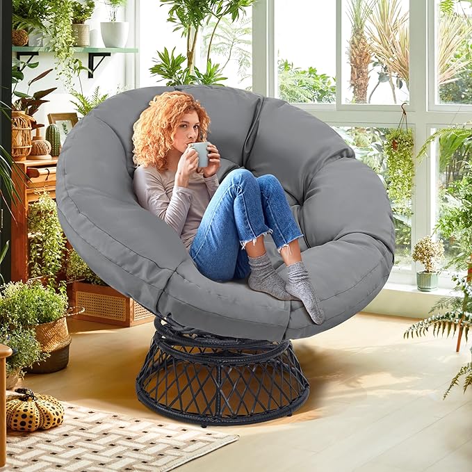 46" Giant Oversized Rattan Papasan Chair with Cushion and Frame for Adults, Fluid 360° Swivel, Waterproof, Black Frame with Dark Grey Cushion