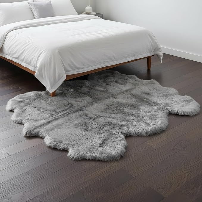 Premium Genuine Sheepskin Rug 5' x 6' Long Fur Soft & Natural Shaggy Living Room Rug, Silver Gray, Six Pelt