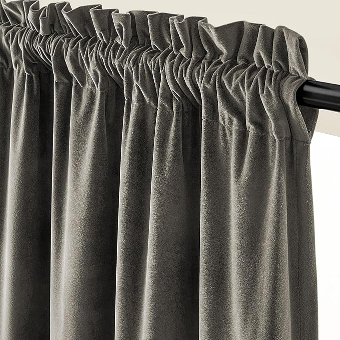 Lazzzy Velvet Blackout Curtains Thermal Insulated Room Window Drapes Super Soft Luxury Curtains for Living Room Bedroom Rod Pocket 2 Panels, Grey, 62" W x 96" L