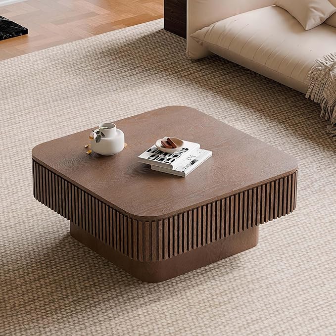 Square Small Coffee Table with Storage, Modern Wooden Coffee Table with Solid Wood Veneered, Fluted Center Table Drum Tea Table for Living Room Apartment, 31.5''L×31.5''W×14''H