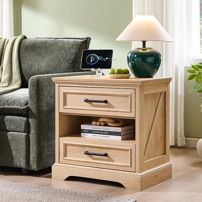 ACCOHOHO 24" Farmhouse Nightstand Set of 2 with Charging Station, 2 Drawers Large Bedside Table with Open Shelf, Rustic End Table for Bedroom - Natural Oak