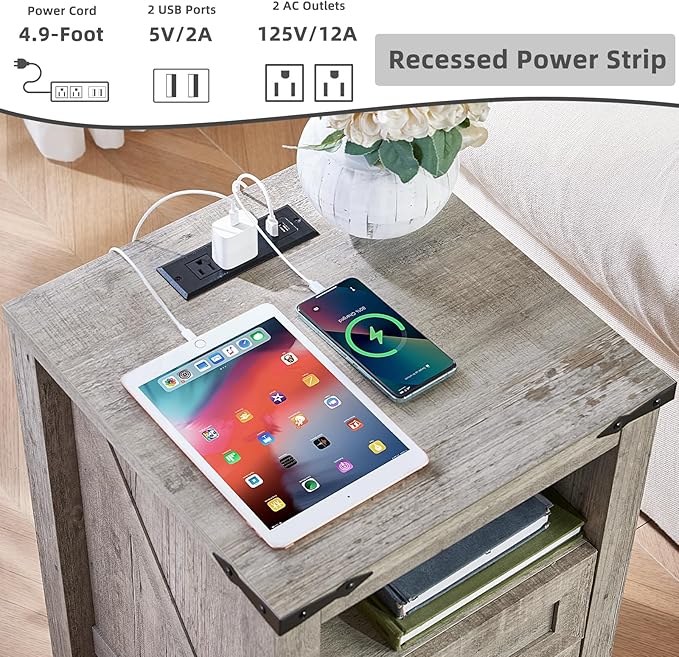 Joaxswe Nightstands Set of 2 with Charging Station, Farmhouse Night Stand with 2 Drawers and Shelf Storage, Wooden Side End Table, Bedside Cabinet for Bedroom, Living Room, Closet,Office (Grey)