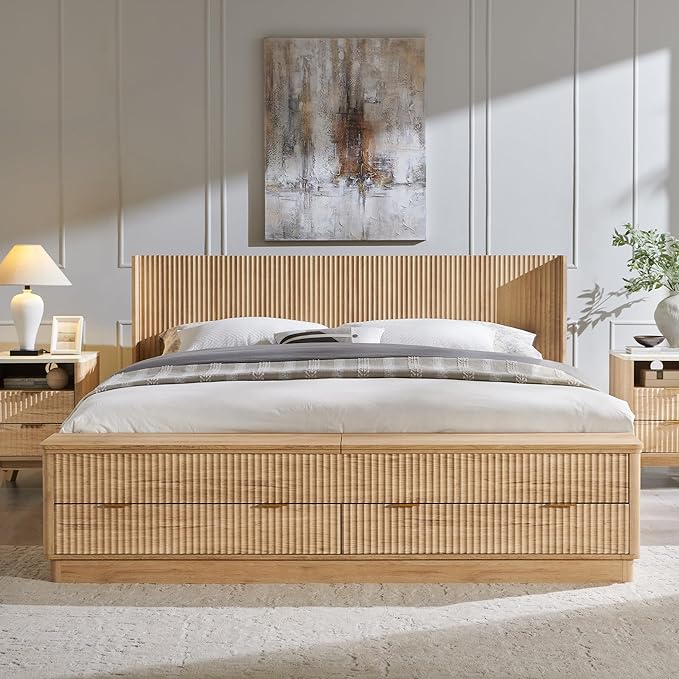 T4TREAM Fluted King Size Bed Frame with Wingback Headboard, Footboard Storage Bench with Built-in Drawers & Lift-Up Compartments, Wood & Steel Platform Bed, No Box Spring Needed, Natural Oak