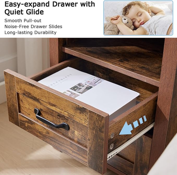 Brown Rustic Night Stand, Farmhouse End Table, Modern Bedside Table with 2 Storage Drawers and Open Shelf, Tall Nightstand for Bedroom