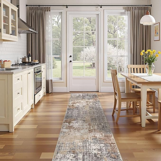 Washable Runner Rug for Hallway: 2.6x10 Neutral Modern Abstract Low Pile Area Rug with Non-Slip Backing - Carpet for Bedroom Kitchen Laundry Entryway Bathroom Indoor - Grey Brown