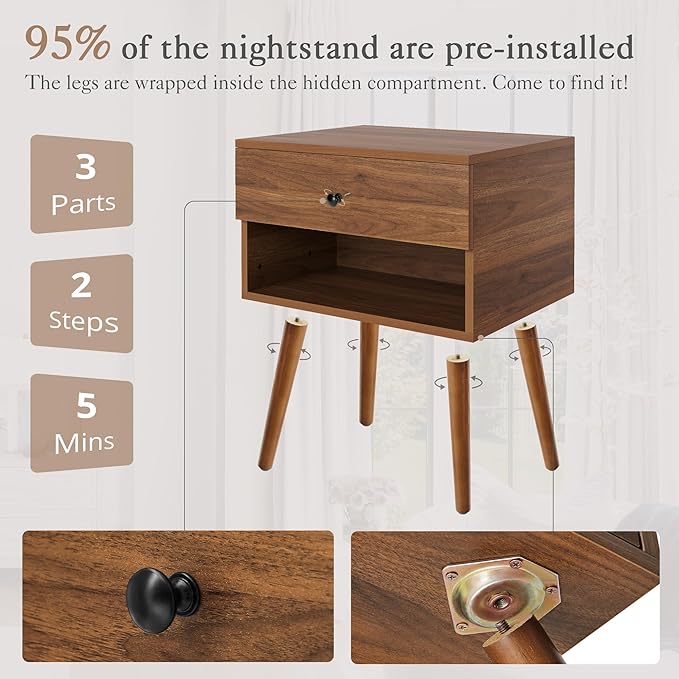 Hidden Compartment Nightstands, Mid Century Modern Concealment Furniture, Bedside Table with Wood Legs, End Table with Storage Drawer for Bedroom (1,Walnut)