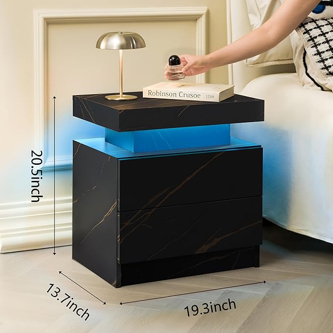 LED Bedside Table with 2 Drawers, Modern Nightstand Cabinet for Bedroom, End Side Table with Lights