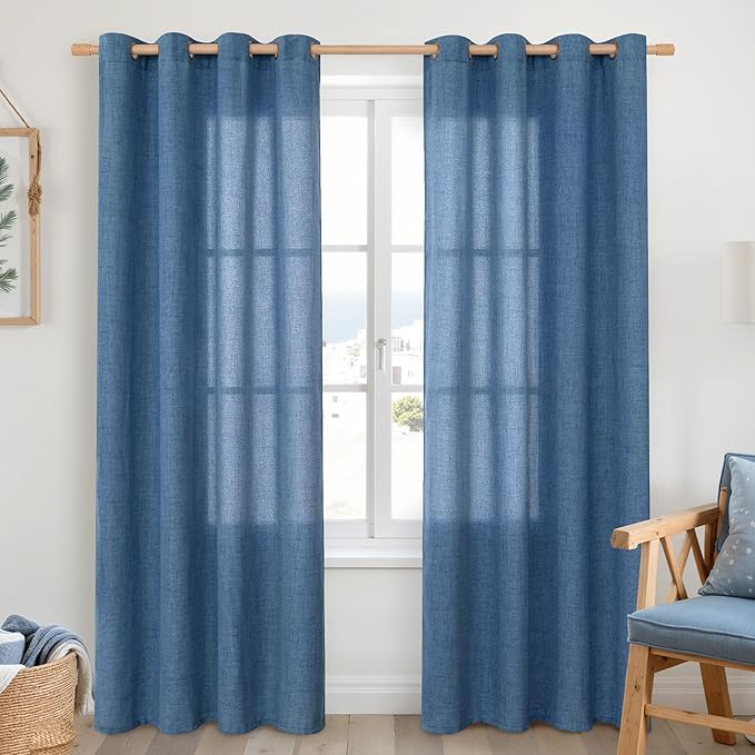 YoungsTex Navy Linen Curtains 84 Inch Length for Living Room, Dark Blue Semi Sheer Drapes Light Filtering with Bronze Grommet Privacy for Bedroom Decorative, 52 x 84 Inch, 2 Panels