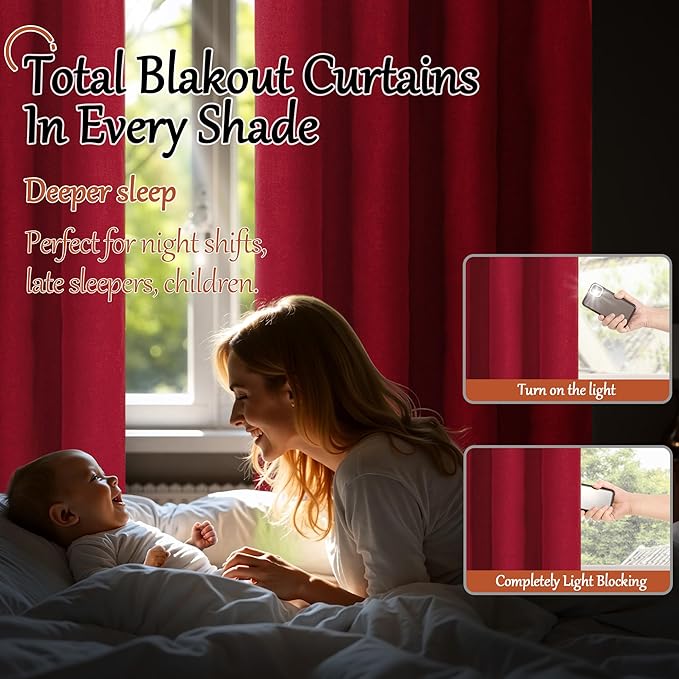Linen Blackout Christmas Curtains - Red Thermal Insulated Curtains 90 Inch Long for Bedroom Living Room, Thick Heavy Light Blocking Energy Saving Soundproof Drapes Each 52x90 Inch 2 Panels