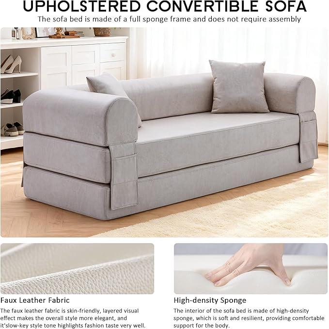 78.5" Convertible Sleeper Sofa Bed, Faux Leather Folding Floor Sofa with Pullout Bed&2 Pillows, No Assembly Modern Boneless Couch Compression Sofa in Box with Storage Pocket for Living Room, Beige
