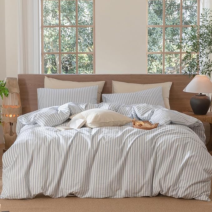 MooMee Striped Duvet Cover Set 100% Washed Cotton Linen Like Textured Breathable Durable Soft Comfy (Cornflower Blue White Classic Stripes, Full 80"x90")