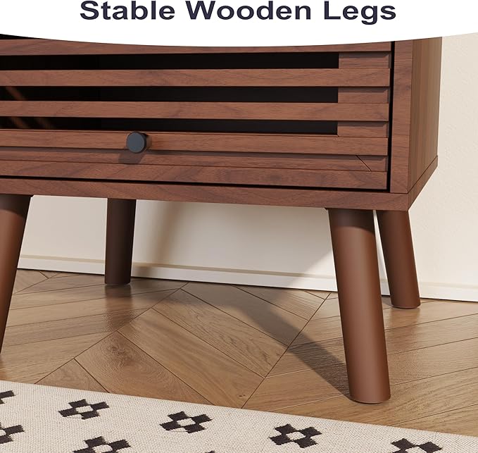 Nightstand Set of 2, Side Table, End Table, Mid Century Modern Nightstand with Hollowed Drawers, Bedside Tables, Small Nightstands with Storage for Bedroom, Walnut