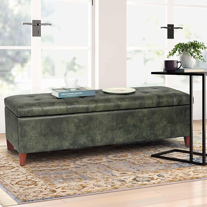 Joveco Storage Ottoman Bench, 51 Inch Tufted Leather Rectangle Bench for End Foot of Bed, Bedroom, Living Room, Deep Green