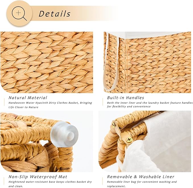 Handwoven Slim Laundry Hamper with Lid, 75L Natural Water Hyacinth Basket and Handles, Narrow Wicker Laundry Basket with Removable Liner Bag & 2 Mesh Bags