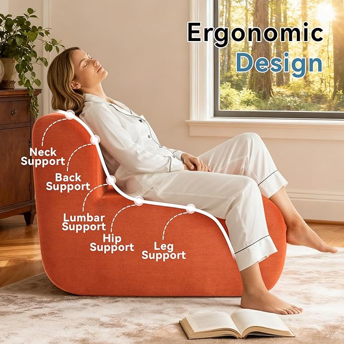 Single Boneless Chairs,Fireside Beanbag Chair Upholstered Cloud Sofa Chair,Corduroy Floor Couch Boneless Couch for Living Room,Memory Foam Lounge Chair for Bedroom,Orange