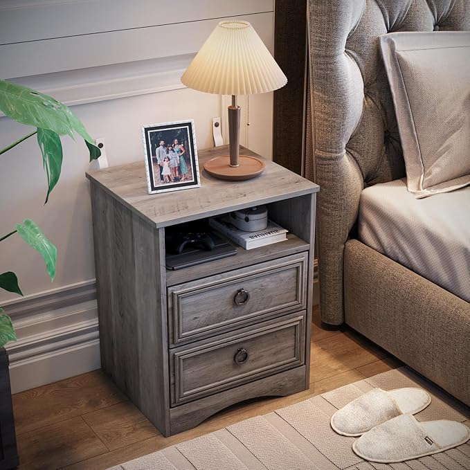 Set of 2 Nightstand with 2 Drawers, 18"W Night Stand with Drawers for Bedroom, Large Accent Bed Side Table and End Table with Open Compartment-Easy Pull Handle, Textured Border for Living Room,Gray