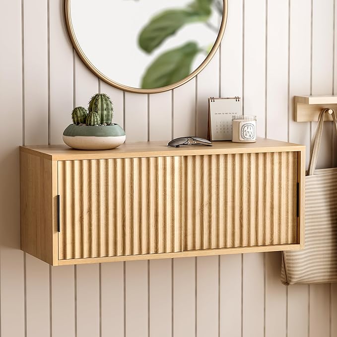 Fluted Wall Cabinet with Sliding Doors, Modern Large Floating Nightstand Storage Shelf Bedside Tables for Bedroom, Study Room Natural Oak