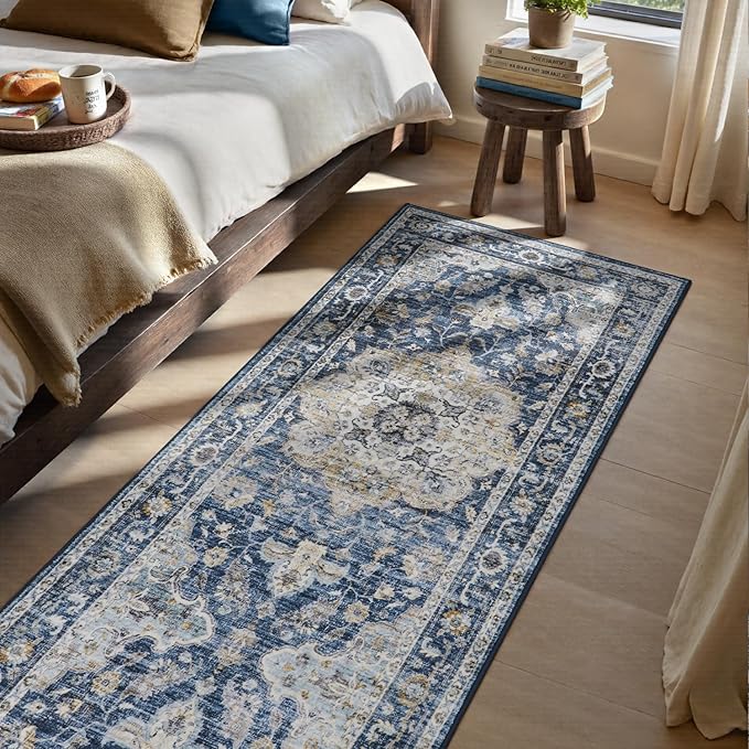 PADOOR 2X10 Runner Rug,Runners for Hallways,Soft Blue Washable Bedside Rugs for Bedroom,Non Slip Long Rug for Hallways Entryway Laundry Room Stair Kitchen Bathroom