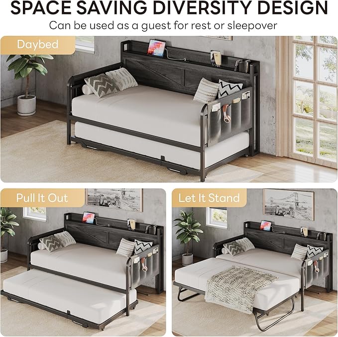 LIKIMIO Twin Daybed with Trundle Bed, Storage Headboard with Charging Station, Sofa Day Bed with Strong Supports for Living Room, Bedroom, and Guest Room, Charcoal Grey