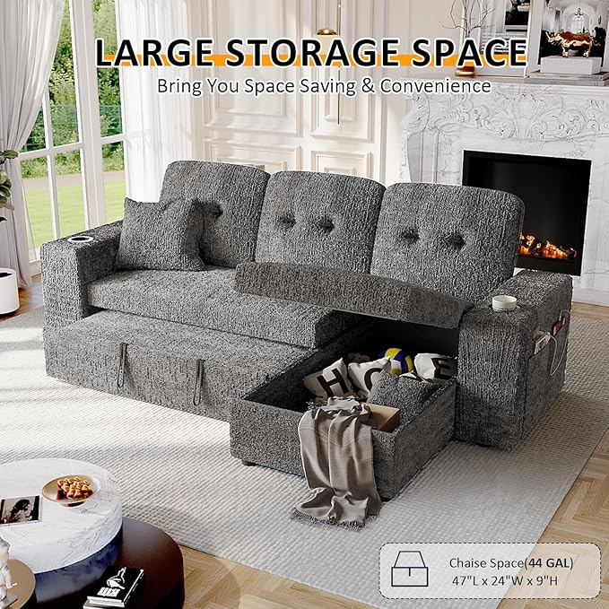 4 in 1 Sleeper Sofa Bed, 90 Inch Pull Out Couch Bed with Adjustable Backrest | Reversible Storage Chaise | Wide Armrest | Tool Free Assembly, Sectional Couches for Living Room, Grey Chenille