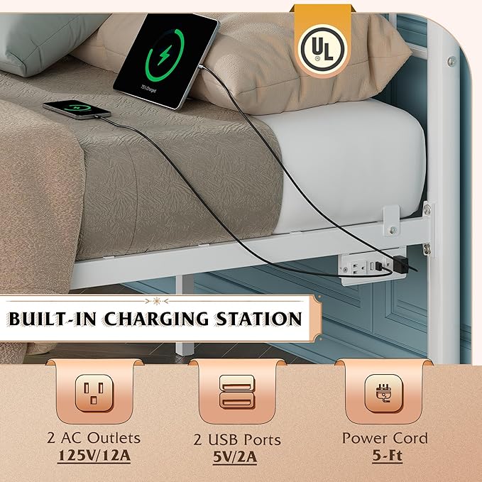 WLIVE Metal Platform Bed Frame, Queen Bed Frame with Headboard, Bed Frames with LED Lights and Charging Station, 1500LBS Mattress Foundation, Under Bed Storage, No Box Spring Needed, White