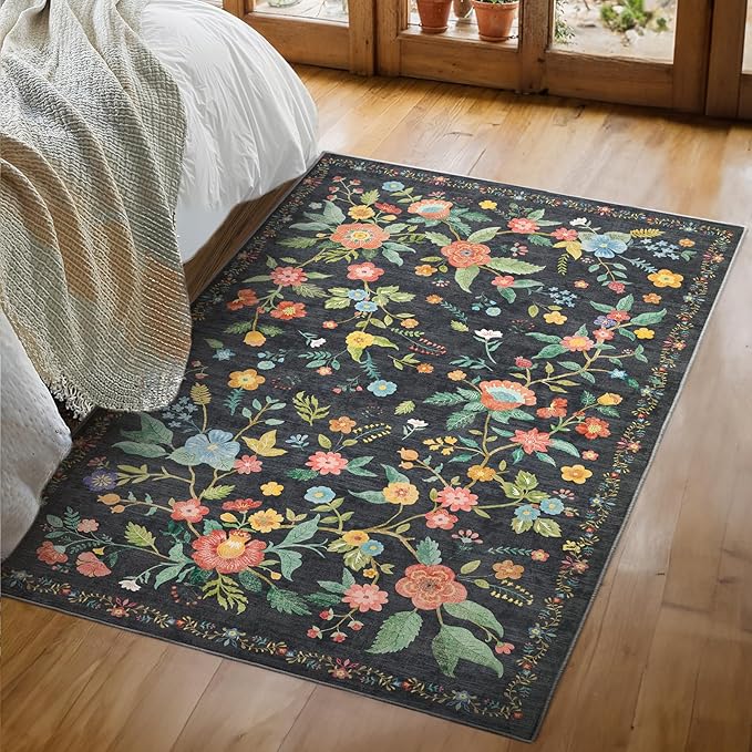Amada 3x5 Washable Area Rugs, Non-Slip & Low-Profile Entryway Rug with Reinforced Edge Binding, Boho Floral Pattern, Soft Washable Rug for Bedroom, Entryway & Home Office