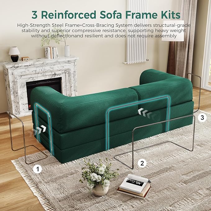 4-in-1 Folding Convertible Sofa Bed, 78 Inch Boneless Couch with Fixed-Shape Frame, Corduroy Loveseat Sleeper with Pull Out Bed, Floor Sofa Modular Futon Couch for Living Room Bedroom Lounge