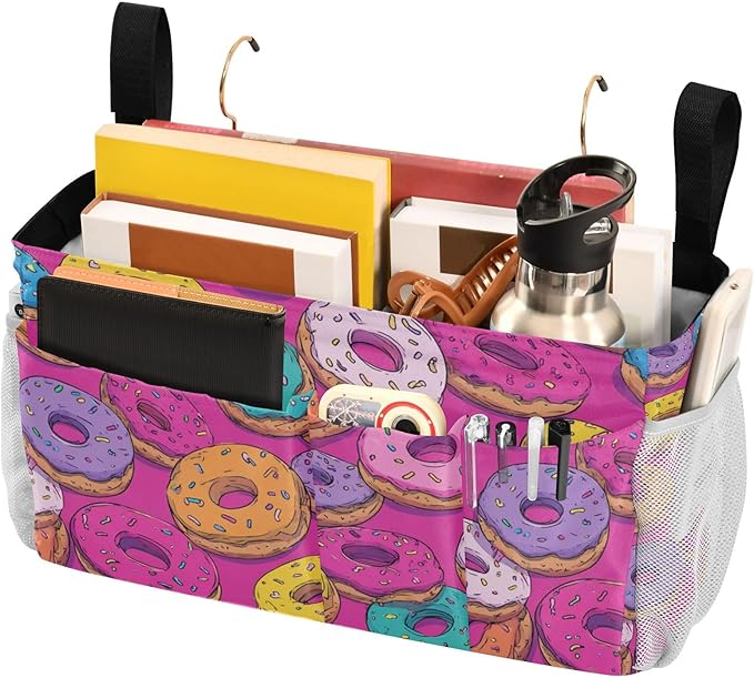 Bedside Caddy Hanging Bunk Bed Caddy Bed Organizer Hanging Pocket with 2 Hooks Bedside Storage Organizer Pocket Bag Holder Cute Donuts Colorful