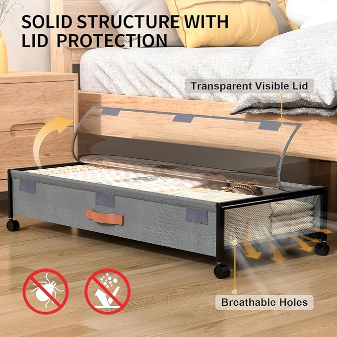 Under Bed Storage with Wheels, XXXL Larger Under Bed Storage Containers with Clear Lids, 36'' Lengthen Under Bed Shoe Organizer for Shoes Clothes(Grey 2 Pack, XXXL(36"x16.6"x7.48"))