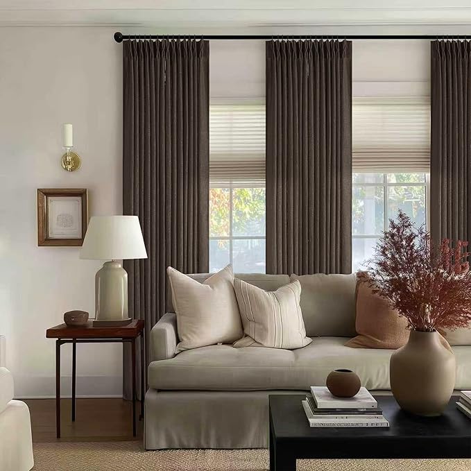 Dark Chocolate Pinch Pleated Linen 120 Inch Curtains 2 Panels for Living Room Bedroom Memory Training Shaped Semi Sheer Pleat Drapes with Hooks Rings Light Filtering Window Curtain 40x120
